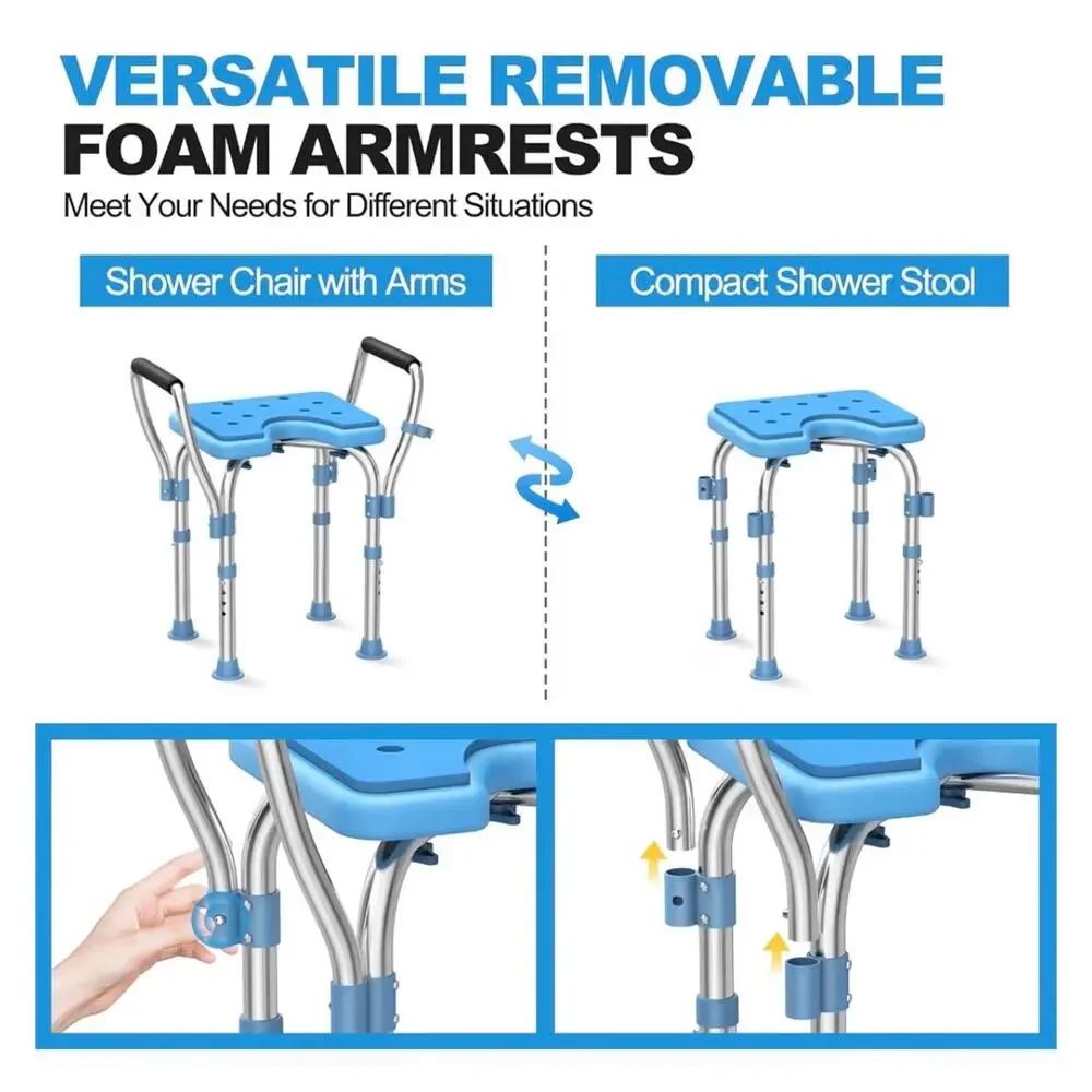 Adjustable Shower Chair with Arms & Back Support Handles – 450 lb Capacity
